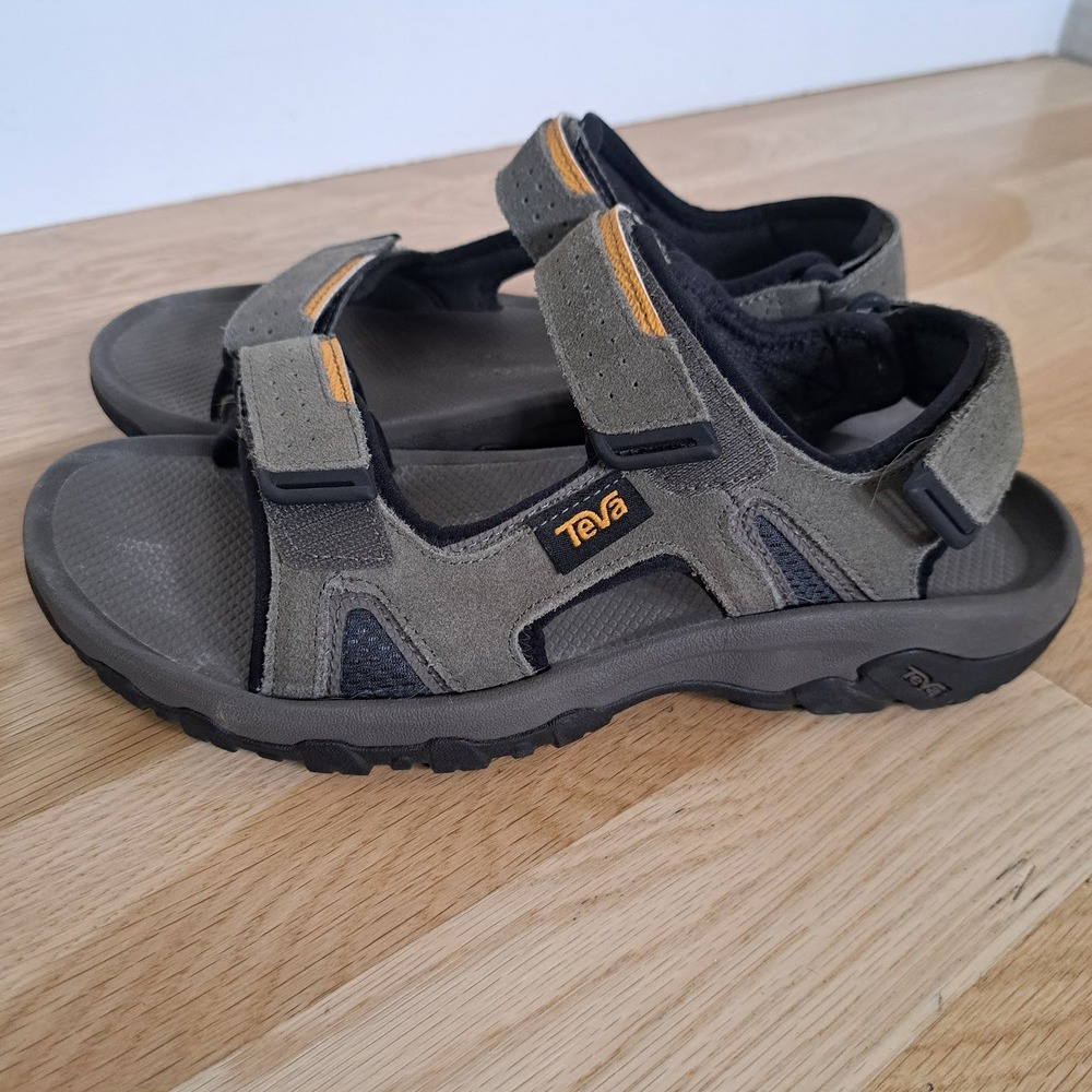 Teva Mens Hudson Suede Hiking Sandals Grey Olive Orange Strappy 3-Point Adjust - Picture 4 of 7